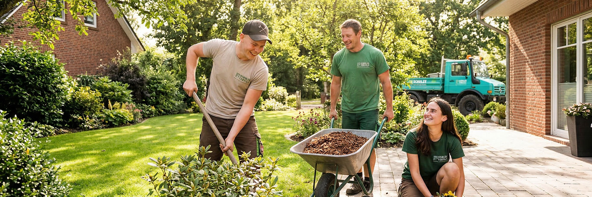 Stellenangebote - 3 Mitarbeiter bei der Arbeit an einem Privatgarten